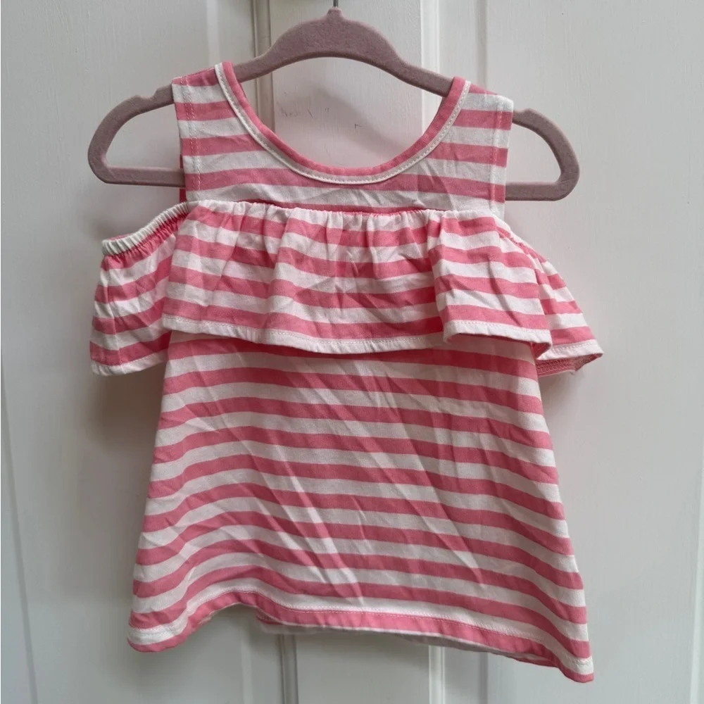 NWOT The Children's Place 2T Girls Pink & White Stripe Ruffled Off Sleeve Blouse